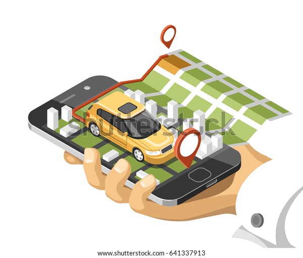 City\
isometric map with car and buildings on smart phone. Map on mobile\
navigate application. 3d vector illustration.\
