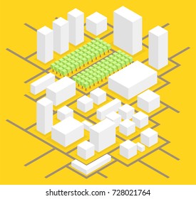 City isometric map, consisting of city skyscrapers block, trees and roads. Vector illustration.