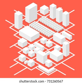 City isometric map, consisting of city skyscrapers block, trees and roads. Vector illustration.