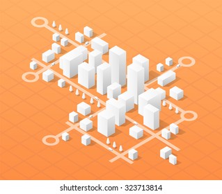 City Isometric Map, Consisting Of Urban Skyscrapers Block Pointer And Driving Directions