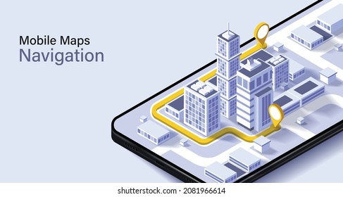 City isometric plan with road and buildings on smart phone.
