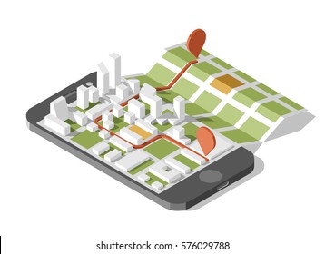 City isometric plan with road and buildings on screen smart phone. Map on mobile application. Vector illustration. 