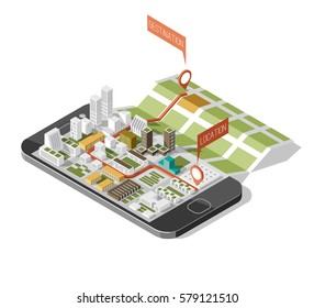 City Isometric Plan With Road And Buildings On Smart Phone. Map On Mobile Application. 3d Vector Illustration. 