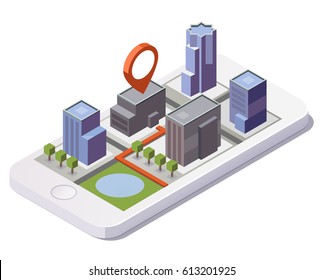 City Isometric Plan With Road And Buildings On Smart Phone. Map On Mobile Application. 3d Vector Illustration.
