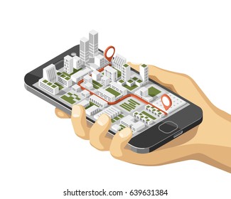 City Isometric Plan With Road And Buildings On Smart Phone. Phone In Hand. Map On Mobile Application. 3d Vector Illustration. 