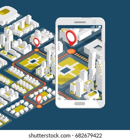 City Isometric Plan With Road And Buildings On Smart Phone. Map On Mobile Application. 3d Vector Illustration.