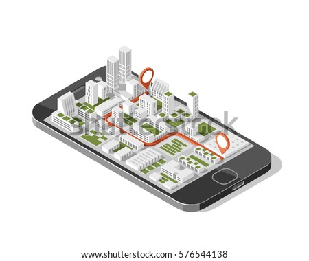 City isometric plan with road and buildings on smart phone. Map on mobile application. 3d vector illustration. 