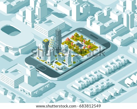 City isometric plan with road and buildings on smart phone. Map on mobile application. 3d vector illustration.