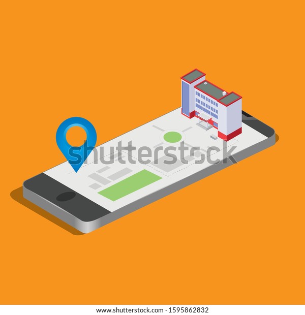 City\
isometric plan with road and buildings on smart phone. Map on\
mobile application. 3d vector\
illustration.