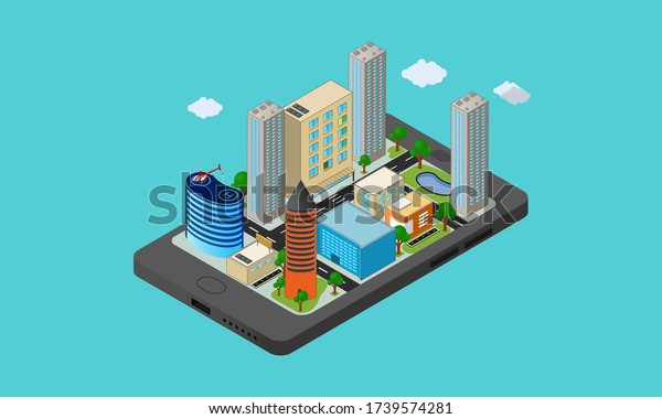 City isometric plan\
with road and buildings on smartphone. Map on mobile application.\
3d vector illustration.