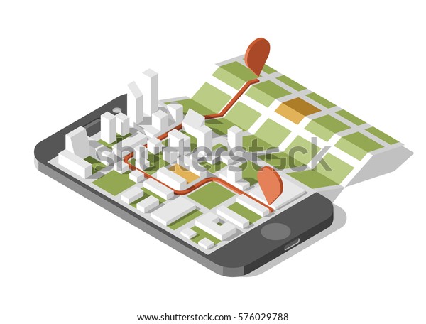 City\
isometric plan with road and buildings on screen smart phone. Map\
on mobile application. Vector illustration.\
