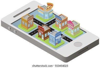 City isometric plan with road and cartoon store on screen smartphone. Isometric store and cafe on screen smartphone. Vector Illustration