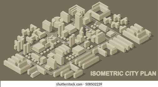 City isometric plan with road and urban silhouette of building. Big set of city abstract buildings and roads. Vector illustration