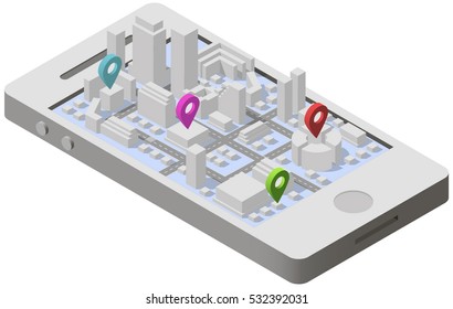City isometric plan with road and urban silhouette of building on screen smartphone.