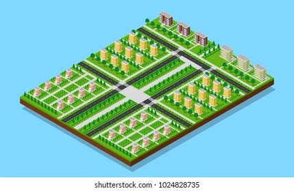 City isometric plan of sleeping quarters with roads, footpaths, trees and living buildings. Flat 3D picture of dormitory area.