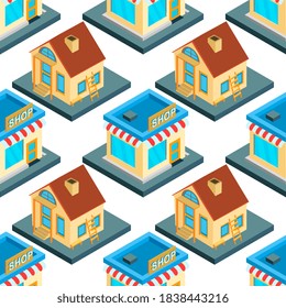 City isometric seamless pattern of the house, repetitive background
