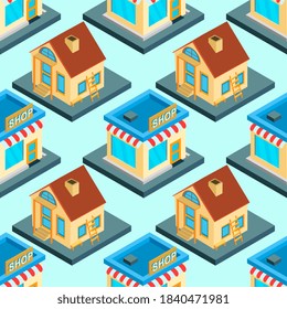 City isometric seamless pattern of the house, repetitive background