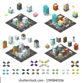 City isometric set. Cityscape infrastructure quarter. Town houses and streets with cars. Urban low poly. Vector illustration.