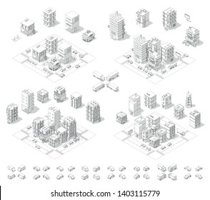 City isometric set. Cityscape infrastructure quarter. Town houses and streets with cars. Urban low poly. Gray lines outline contour style.