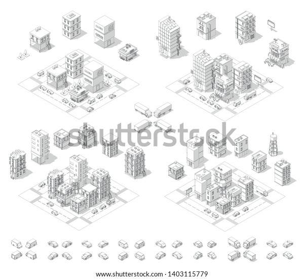 City isometric set. Cityscape infrastructure\
quarter. Town houses and streets with cars. Urban low poly. Gray\
lines outline contour\
style.