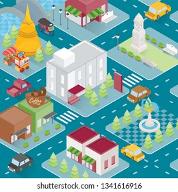 City isometric with several building, template, shop and park. Vector illustration