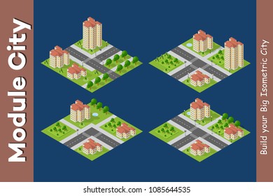 City isometric of urban infrastructure business. Vector building illustration of skyscraper and collection of urban elements architecture, home, construction, block and park