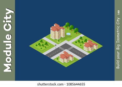 City isometric of urban infrastructure business. Vector building illustration of skyscraper and collection of urban elements architecture, home, construction, block and park