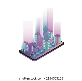 Ciudad en isometría. Ciudad en la pantalla del smartphone. Ciudad inteligente. Aislar sobre un fondo blanco.
