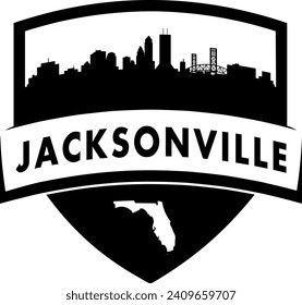 Stadt Jacksonville Florida schwarz-weißer Schild Gebäude Silhouette Schild Grafik mit Knock-out weißen Umriss der Staatsgrenze unter dem Namen. Vektor eps Design. 