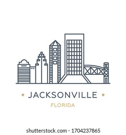 City Jacksonville, state of Florida. Line icon of famous and largest city of USA. Outline icon for web, mobile and infographics. Landmarks and famous building. Vector illustration, white isolated. 