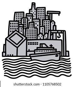 city with jetty and a ship docked on its shore
