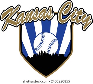 City of Kansas City Missouri skyline silhouette baseball icon with ball inside home plate shaped shield and script lettering above. Vector eps graphic design.