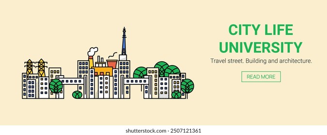 City Kharkiv Web Banner. Vector Illustration of Outline and Solid Colorful Town. Buildings and Architecture. Ukraine Nature and Tree.
