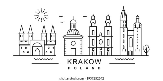 city of Krakow in outline style on white. Landmarks sign with inscription.