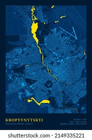 City Kropyvnytskyi Ukraine Vector Poster Hoch detaillierte Karte in patriotischen National Yellow Blue Farben. Die Kartographie des City Transport Systems umfasst die Gruppenkartographie mit Gebäudeflächen und Wasserobjekten
