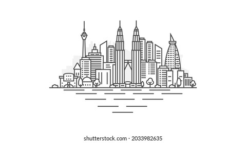 Ciudad de Kuala Lumpur, Malasia, línea de la línea de la línea de la silueta. Paisaje lineal vectorial con puntos de referencia famosos, vistas de la ciudad, iconos de diseño, con trazos editables aislados en fondo blanco.