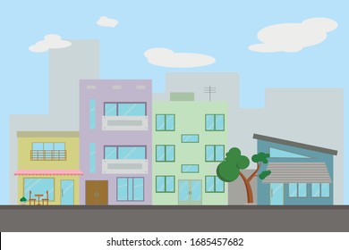 City ladscape with clouds and trees. Vector illustration in flat style.