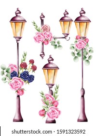 City lamps decorated with rose flowers and green leaves. Watercolor vector