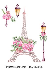 City lamps and eiffel tower decorated with rose flowers and green leaves. Watercolor vector