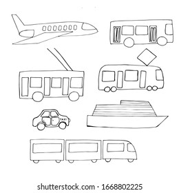 City land, air and water transport, set, vector doodle illustration