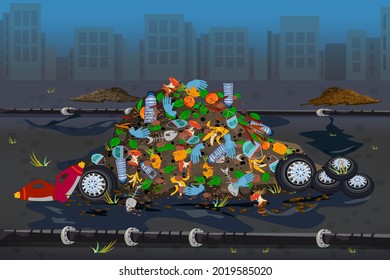 City landfill. Environment pollution problem concept. City dump with pile of garbage and plastic trash. Urban garbage dump. Junkyard with town buildings on background. Stock vector illustration