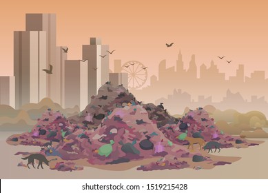 City landfill flat vector illustration. Polluted area, garbage dump background. Heaps of waste, stray dogs and cityscape cartoon backdrop. Junkyard, wasteland. Environment pollution problem concept