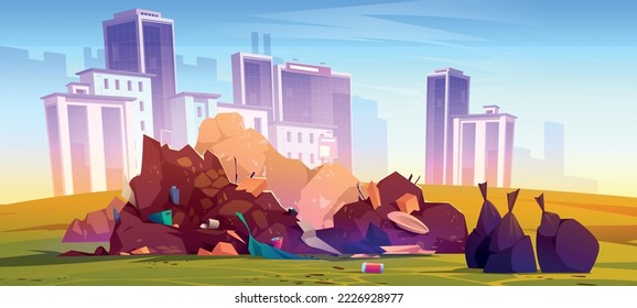 City landfill with pile of garbage and plastic trash. Cartoon vector illustration of dump with town buildings and skyscrapers on background. Dirty heaps of waste. Environmental pollution problem