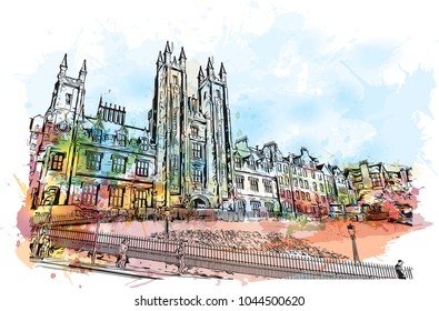 City Landmark of Edinburgh Capital of Scotland, UK. Watercolor splash with hand drawn sketch  illustration in vector.