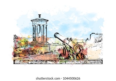 City Landmark of Edinburgh Capital of Scotland, UK. Watercolor splash with hand drawn sketch  illustration in vector.