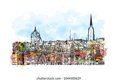 City Landmark of Edinburgh Capital of Scotland, UK. Watercolor splash with hand drawn sketch  illustration in vector.