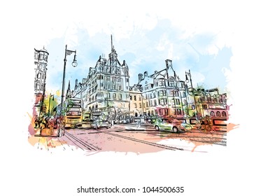 City Landmark of Edinburgh Capital of Scotland, UK. Watercolor splash with hand drawn sketch  illustration in vector.