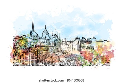 City Landmark of Edinburgh Capital of Scotland, UK. Watercolor splash with hand drawn sketch  illustration in vector.