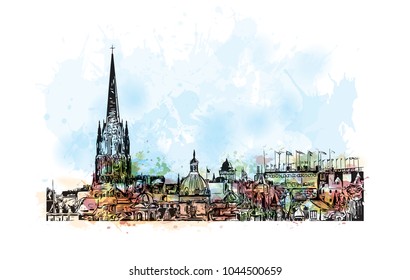 City Landmark of Edinburgh Capital of Scotland, UK. Watercolor splash with hand drawn sketch  illustration in vector.