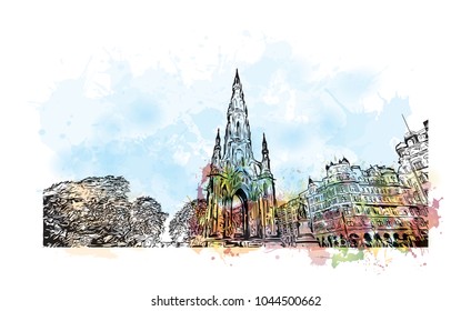 City Landmark of Edinburgh Capital of Scotland, UK. Watercolor splash with hand drawn sketch  illustration in vector.